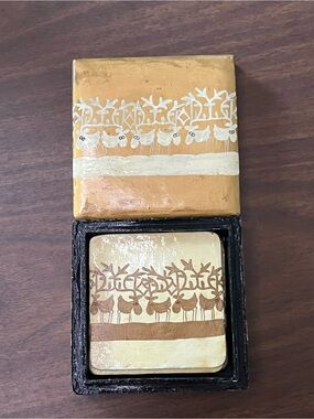 Handpainted Reindeer Coaster Set in Gold and Cream